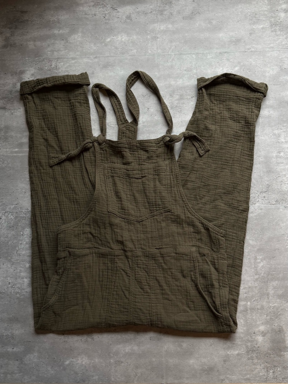 aerie Olive Green Cotton Gauze Tie-Shoulder Overalls